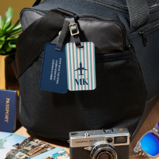 Navy Blue Blush Aeroplane Striped Monogrammed Luggage Tag