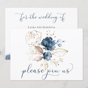 Navy Blue Blush and Gold Watercolor Floral Wedding Invitation