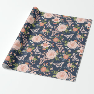 Navy Blue & Blush Botanical Floral Wrapping Paper