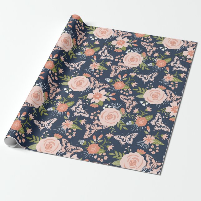 Navy Blue & Blush Botanical Floral Wrapping Paper (Unrolled)