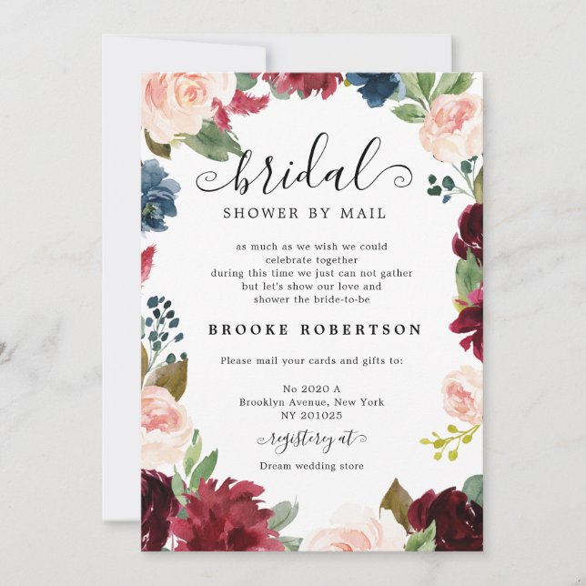 Navy Blue Blush Burgundy Bridal Shower by mail Invitation (Front)