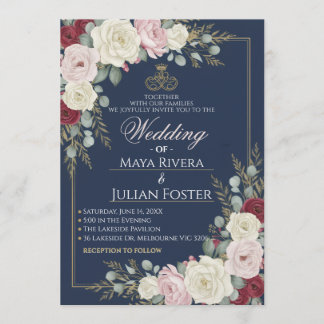 Navy Blue Blush Burgundy Floral Gold Frame Wedding Invitation