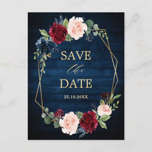 Navy Blue Blush Burgundy Geometric Save the Date Postcard (Front)