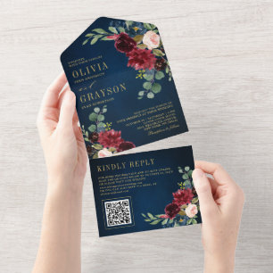 Navy Blue Blush Burgundy Gold Botanical Wedding All In One Invitation
