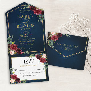 Navy Blue Blush Burgundy Gold Geometric Wedding All In One Invitation