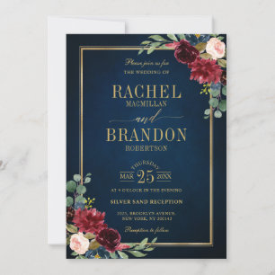 Navy Blue Blush Burgundy Gold Geometric Wedding Invitation