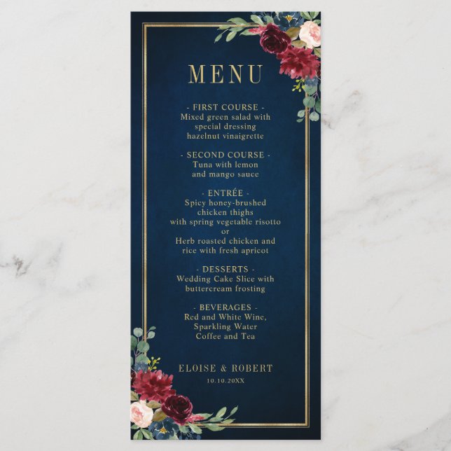 Navy Blue Blush Burgundy Gold Geometric Wedding Menu (Front)