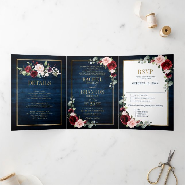 Navy Blue Blush Burgundy Gold Geometric Wedding Tr Tri-Fold Announcement (Inside)