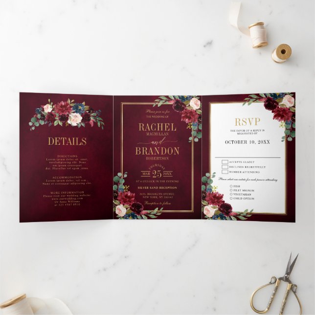 Navy Blue Blush Burgundy Gold Geometric Wedding Tr Tri-Fold Announcement (Inside)