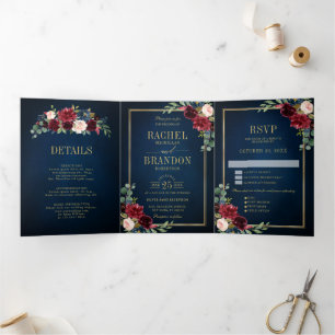 Navy Blue Blush Burgundy Gold Geometric Wedding Tr Tri-Fold Announcement