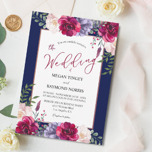 Navy Blue Blush & Burgundy Peony Floral Wedding Invitation