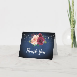 Navy Blue Blush Burgundy Rose String Light Wedding Thank You Card
