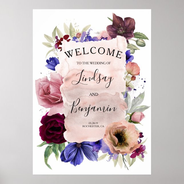 Navy Blue Blush Burgundy Wedding Welcome Sign (Front)