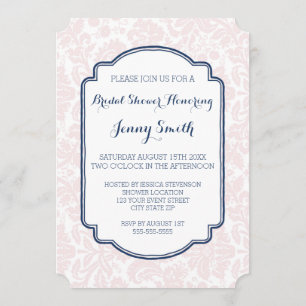 Navy Blue Blush Damask Bridal Shower Invitation