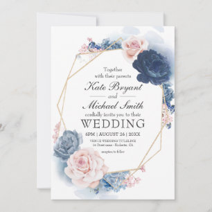 Navy Blue Blush Dusty Floral Gold Frame Wedding Invitation