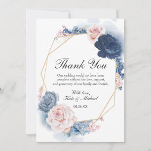 Navy Blue Blush Dusty Floral Gold Frame Wedding Thank You Card