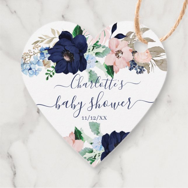 Navy Blue Blush Floral Baby Shower Favour Gift Tag (Back)