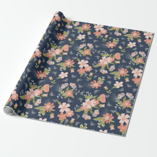 Navy Blue & Blush Floral & Bees Wrapping Paper