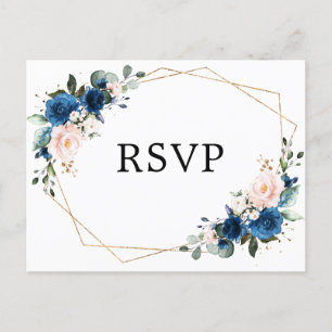 Navy Blue Blush Floral Botanical Geometric RSVP Postcard