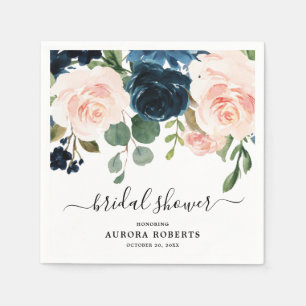 Navy Blue Blush Floral Bridal Shower paper Napkins