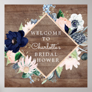 Navy Blue Blush Floral Bridal Shower Welcome Poster