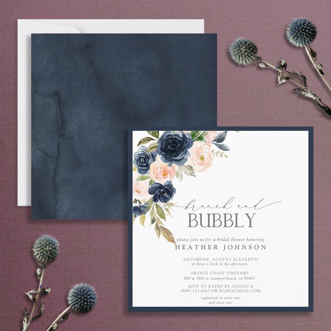 Navy Blue & Blush Floral Brunch & Bubbly Shower Invitation (Creator Uploaded)