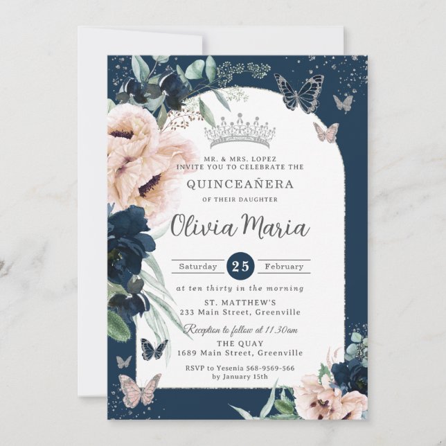 Navy Blue Blush Floral Butterflies Quinceañera Invitation (Front)