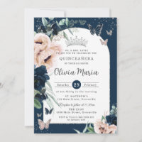 Navy Blue Blush Floral Butterflies Quinceañera