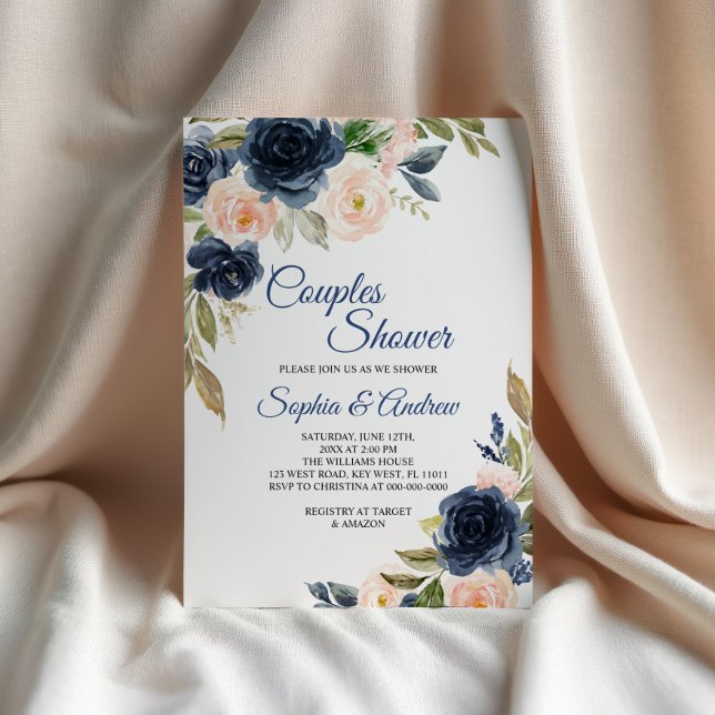 Navy Blue & Blush Floral Couples Shower Invitation (Creator Uploaded)
