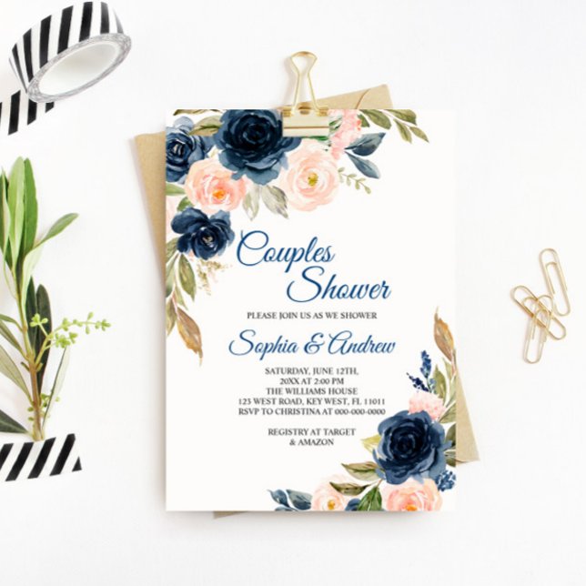 Navy Blue & Blush Floral Couples Shower Invitation (Creator Uploaded)