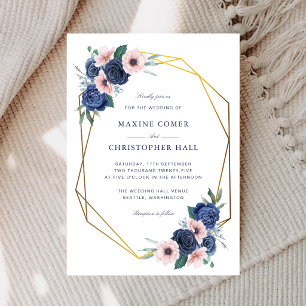 Navy Blue & Blush Floral Geometric Wedding Invitation
