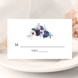 Navy Blue & Blush Floral Geometric Wedding Place Card