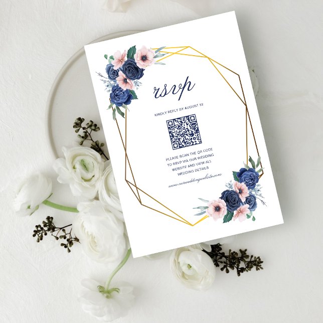Navy Blue & Blush Floral Geometric Wedding QR Code RSVP Card (Navy blue and blush floral QR code RSVP card streamlines responses with elegant style.)