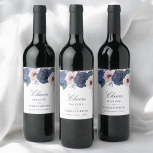 Navy Blue & Blush Floral Geometric Wedding Wine Label