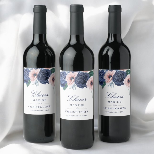 Navy Blue & Blush Floral Geometric Wedding Wine Label (Navy blue and blush floral wine label adds personalized elegance to wedding tables.)