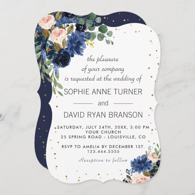 Navy Blue Blush Floral Gold Glitter Wedding Invitation (Front/Back)