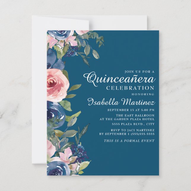 Navy Blue Blush Floral Green Leaves Quinceañera Invitation (Front)