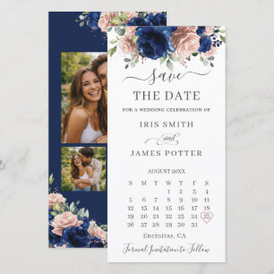Navy Blue Blush Floral Photos Calendar Wedding Save The Date