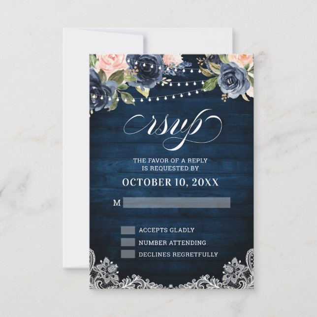 Navy Blue Blush Floral Rustic String Light RSVP Card (Front)