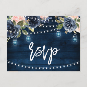 Navy Blue Blush Floral Rustic String Light RSVP Postcard