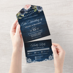 Navy Blue Blush Floral Rustic String Light Wedding All In One Invitation