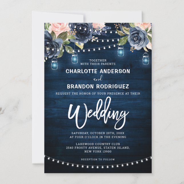 Navy Blue Blush Floral Rustic String Light Wedding Invitation (Front)