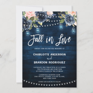 Navy Blue Blush Floral Rustic String Light Wedding Invitation