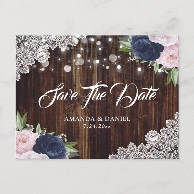 Navy Blue Blush Floral Save The Date Postcard (Front)