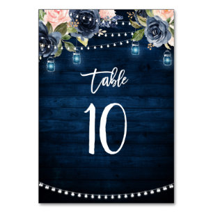 Navy Blue Blush Floral String Lights Table Number
