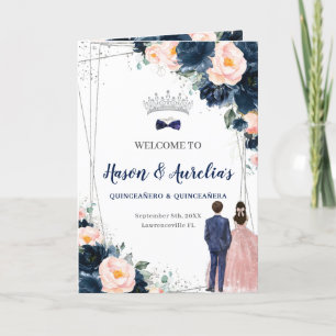 Navy Blue Blush Floral Twins Boy Girl Quinceañera Program