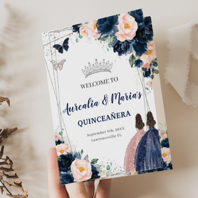 Navy Blue Blush Floral Twins Princess Quinceañera Program (Creator Uploaded)