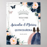 Navy Blue Blush Floral Twins Silver Quinceañera  Poster<br><div class="desc">Personalise this lovely welcome sign with your own wording easily and quickly. Simply click the Edit Using Design Tools button to further edit the text, wording, font style, font size, font colour, add more text, move or remove some images. The butterflies, quince girls and crown are moveable, resizable, multipliable and...</div>