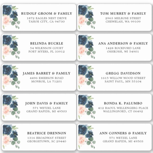 Navy Blue Blush Floral Wedding Guest Address (Front)