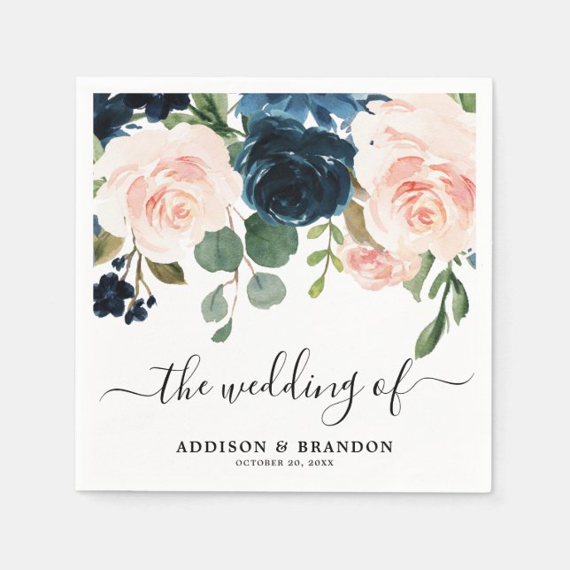 Navy Blue Blush Floral Wedding paper Napkins (Front)